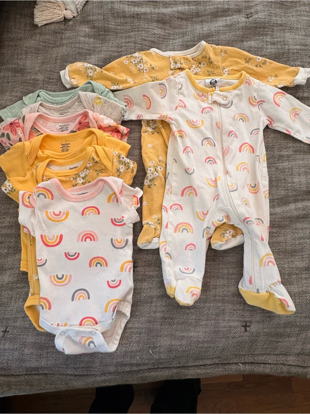 *twin* gerber Baby Girls Rainbow & Mustard One-Piece Set